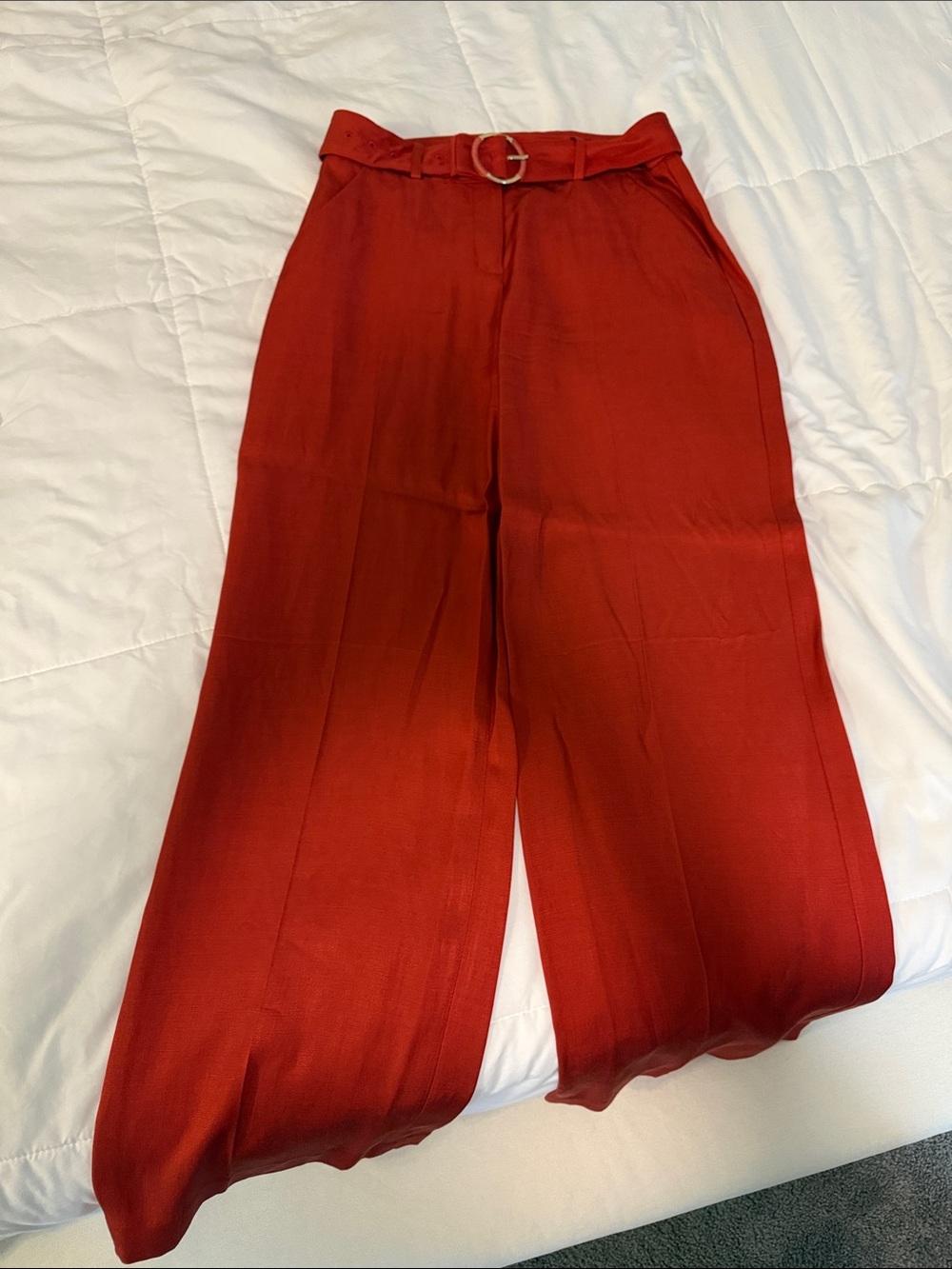 Express Red High-Waist Wide-Leg Pants with Belted Round Buckle